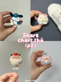 Bộ sưu tập chart móc len miễn phí: Hello Kitty, Pochacco, Mèo Béo và Heo Béo dễ thương
