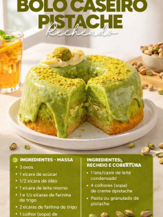 Bolo Caseiro de Pistache Recheado com Cobertura Cremosa e Crocante