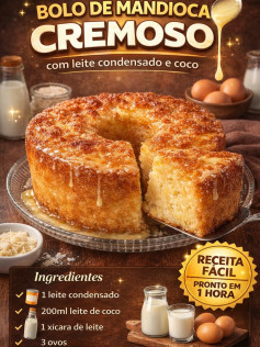 Bolo de Mandioca Cremoso com leite condensado e coco
