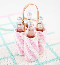 Bottle Carrier Crochet Pattern by Lankava: Pink and White Tapestry Design with Leather Handle