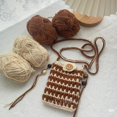 Brown and Cream Striped Crochet Crossbody Bag with Wooden Button