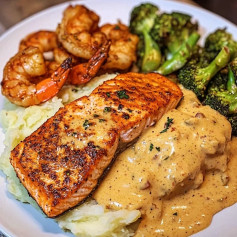 Cajun Salmon with Garlic Mashed Potatoes, Cream Sauce and Shrimp Broccoli Medley