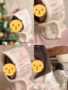 Candy Hooded Scarf Knitting Pattern: Pink & White Mohair with Double Layer Edge