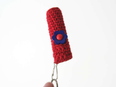 Chapstick Holder Crochet Pattern: Red Cotton Tube with Blue Flower Button Closure