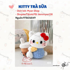 Chart móc len búp bê Hello Kitty ôm ly trà sữa trân châu