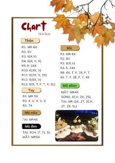 Chart móc len búp bê mùa thu với mũ phù thủy, gấu và alien