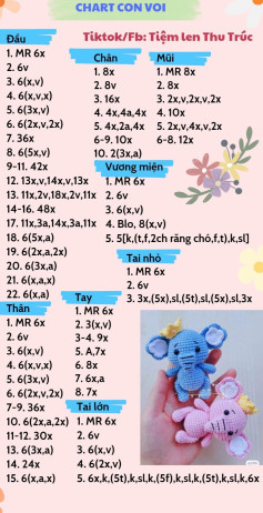 Chart móc len búp bê voi amigurumi màu xanh và hồng