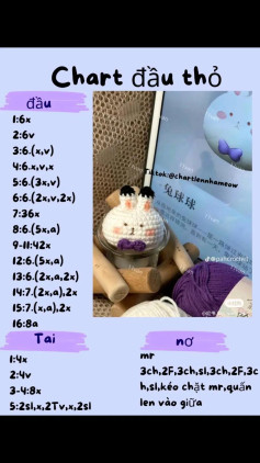 Chart móc len đầu thỏ dễ thương màu trắng kèm nơ tím