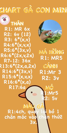 Chart móc len Gà con Mini: Thân, má hồng, cánh, mỏ và mào gà