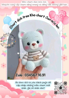 Chart móc len gấu bông màu xanh nhạt mặc áo sọc nâu trắng