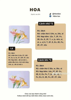 Chart móc len Hoa Freesia: Cánh nhỏ, cánh lớn và Lá