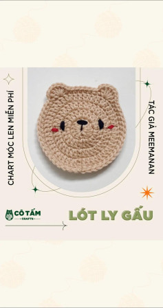 Chart móc len miễn phí Lót ly gấu màu nâu dễ thương, hướng dẫn chi tiết từng hàng
