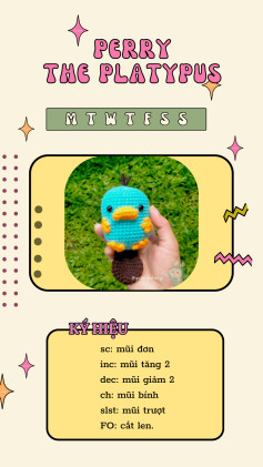 Chart móc len Perry The Platypus màu xanh, hướng dẫn chi tiết từng phần