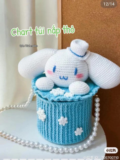 Chart móc len túi nắp hình thỏ Cinnamoroll dễ thương màu trắng xanh với hoa văn tuyết