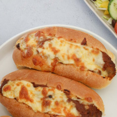 Cheesy Beef Meatball Subs with Tomato Sauce and Melted Mozzarella