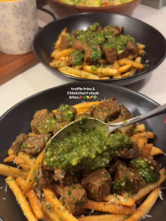 Chimichurri steak bites over truffle fries and caesar salad recipe
