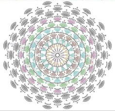 Collection of colorful and black-and-white circular crochet flat charts with mandala and shell patterns