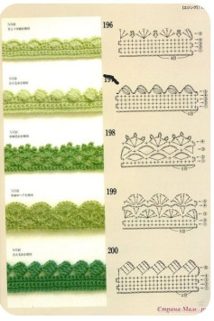 Collection of colorful crochet border patterns and charts with detailed stitch diagrams
