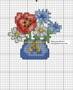 Collection of colorful cross-stitch flower patterns in vases and teapots