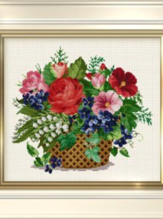 Colorful Floral Bouquet Cross Stitch Pattern Chart with Roses and Blue Flowers in Wicker Basket