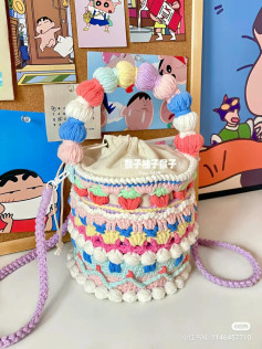 Colorful Strawberry Cake Bucket Bag Crochet Pattern Chart with Bobble Stitch and Pom Handle