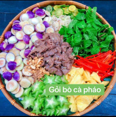 Công thức làm món Gỏi bò cà pháo chua ngọt với nguyên liệu thịt bò, cà tím và bánh phồng tôm