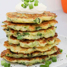 Crispy Halloumi & Zucchini Fritters with Sour Cream and Spring Onions