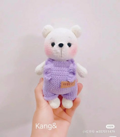 Crochet Amigurumi Bear Pattern: White Teddy with Purple Overalls and YYDS Patch