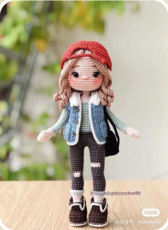 Crochet Amigurumi Doll Pattern: Fashion Girl with Red Cap, Denim Vest, and Ripped Jeans
