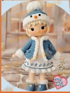 Crochet Amigurumi Doll Pattern: Winter Snow Girl with Blue Jacket and Hat