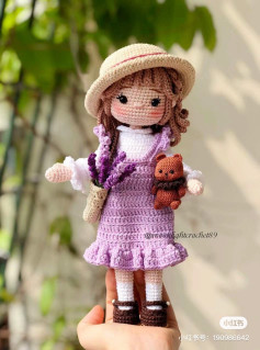 Crochet Amigurumi Girl Doll Pattern with Lavender Dress, Hat, and Teddy Bear Accessory Tutorial