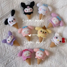 Crochet Amigurumi Ice Cream Sanrio Characters Pattern: Hello Kitty, My Melody, Pompompurin