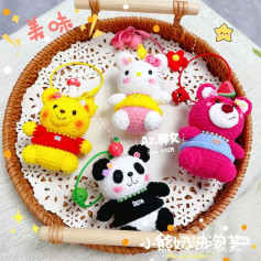 Crochet Amigurumi Keychains: Winnie the Pooh, Strawberry Bear, Panda, and Hello Kitty Patterns