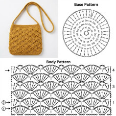 Crochet Bag Charts: Yellow, Pink, and Mint Green Fan Pattern Tote Bags with Base and Body Instructions