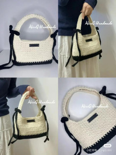 Crochet Bag Flat Chart Pattern: Cream and Black Handmade Tote with Bow Details