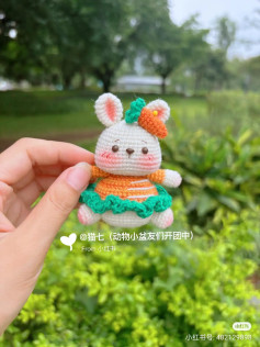 Crochet Carrot Rabbit Amigurumi Pattern: Cute White Bunny with Orange and Green Dress Keychain Chart