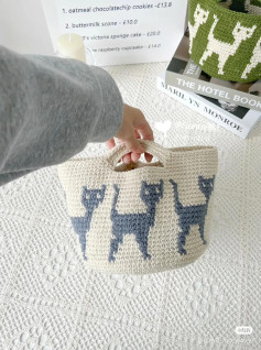 Crochet cat bucket bag pattern chart with pixel design and step-by-step instructions