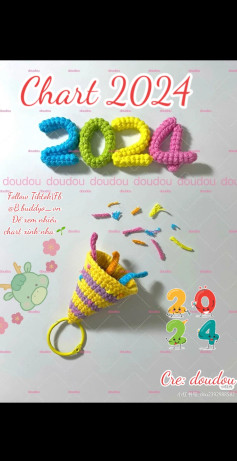 Crochet Chart for Colorful 2024 Numbers and Party Popper Keychain
