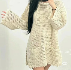 Crochet Chart for Cream Openwork Sweater Dress with Bell Sleeves and Pearl Details