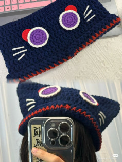 Crochet Chart for Cute Blue Cat Hat with Purple Eyes
