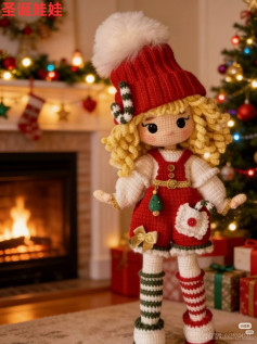 Crochet Christmas Doll Pattern with Red Overalls and Curly Blonde Hair