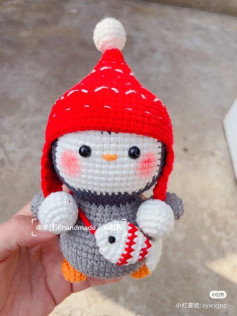 Crochet Christmas Penguin Amigurumi Pattern with Red Hat and Fish
