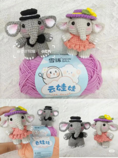 Crochet Elephant Couple Amigurumi Pattern Chart - Boy and Girl Elephants with Hats and Bowtie