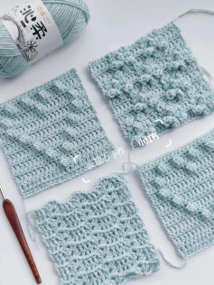 Crochet Flat Charts: Bubble, V-Stitch, and Fan Patterns with Light Blue Yarn Swatches