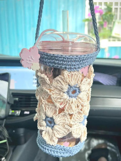 Crochet Flower Cup Holder Pattern with Blue and Cream Ruffles