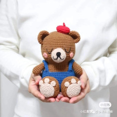 Crochet Pattern: Brown Bear with Blue Overalls and Red Hat