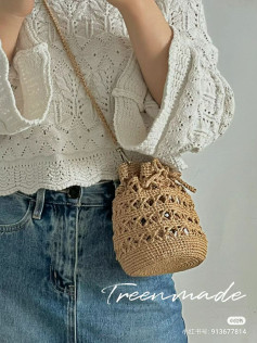 Crochet Pattern: Brown Drawstring Bucket Bag with Cross Stitch Body