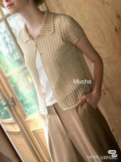 Crochet Pattern Chart for Beige Short-Sleeved Collared Cardigan with Lace Stitch Details
