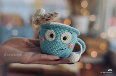 Crochet Pattern: Cute Blue Coffee Cup with Cookie Lid Amigurumi Doll