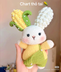 Crochet Pattern: Cute Corn Bunny Amigurumi with Popcorn Stitch Ears and Overalls